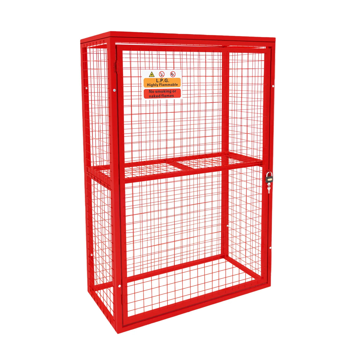 Red collapsible mesh cage for gas bottles, 181cm x 116cm x 57cm, featuring a sturdy frame and safety warning signage