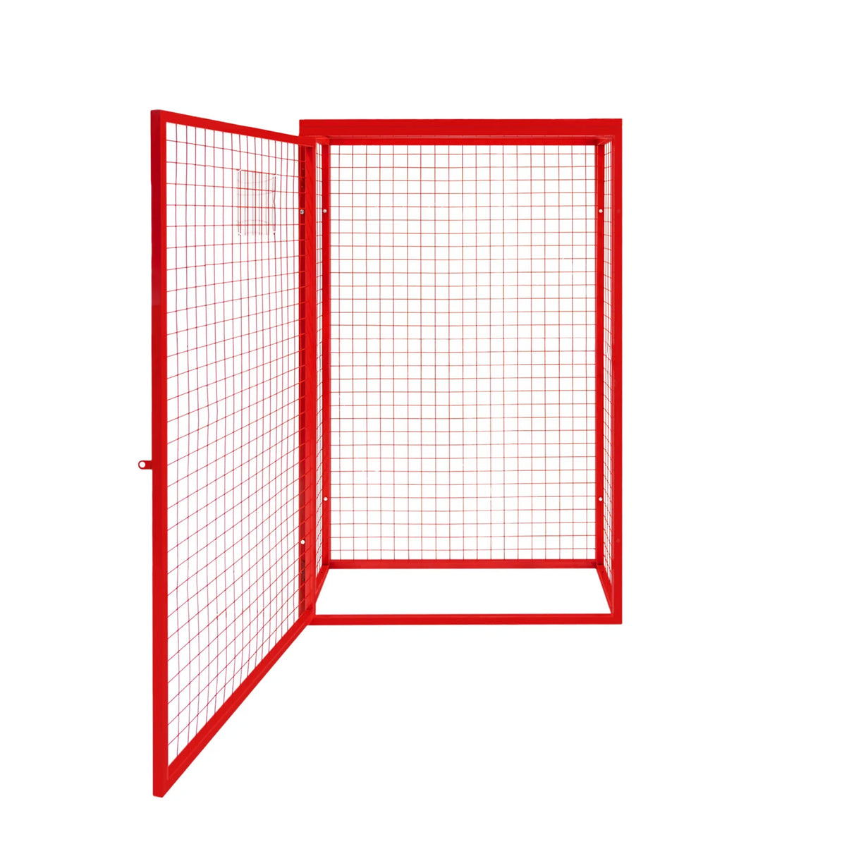 Collapsible red mesh cage for gas bottles, measuring 181cm x 116cm x 57cm, featuring a sturdy grid design and open door for easy access