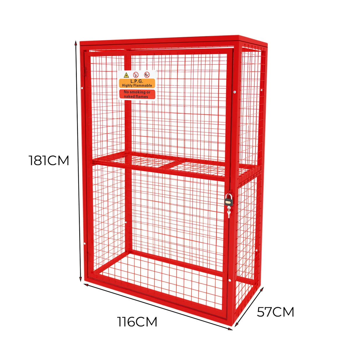 Collapsible red gas bottle mesh cage, measuring 181cm x 116cm x 57cm, featuring a sturdy wire design and secure locking mechanism