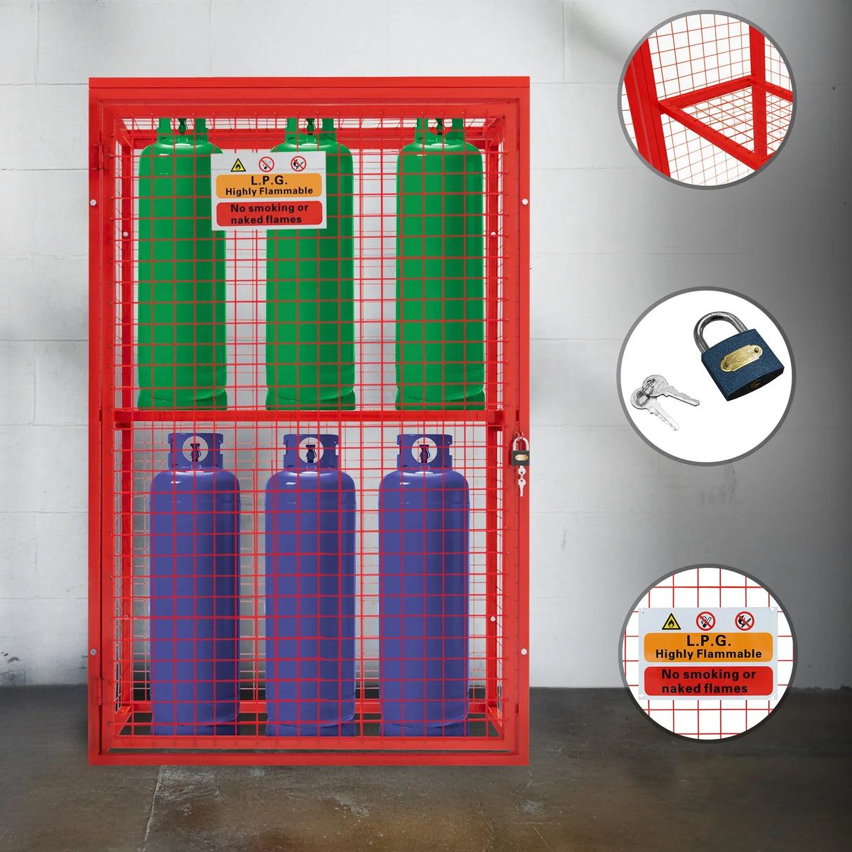 Collapsible red mesh cage for gas bottles, featuring green and blue cylinders, secure lock, and safety warning signs