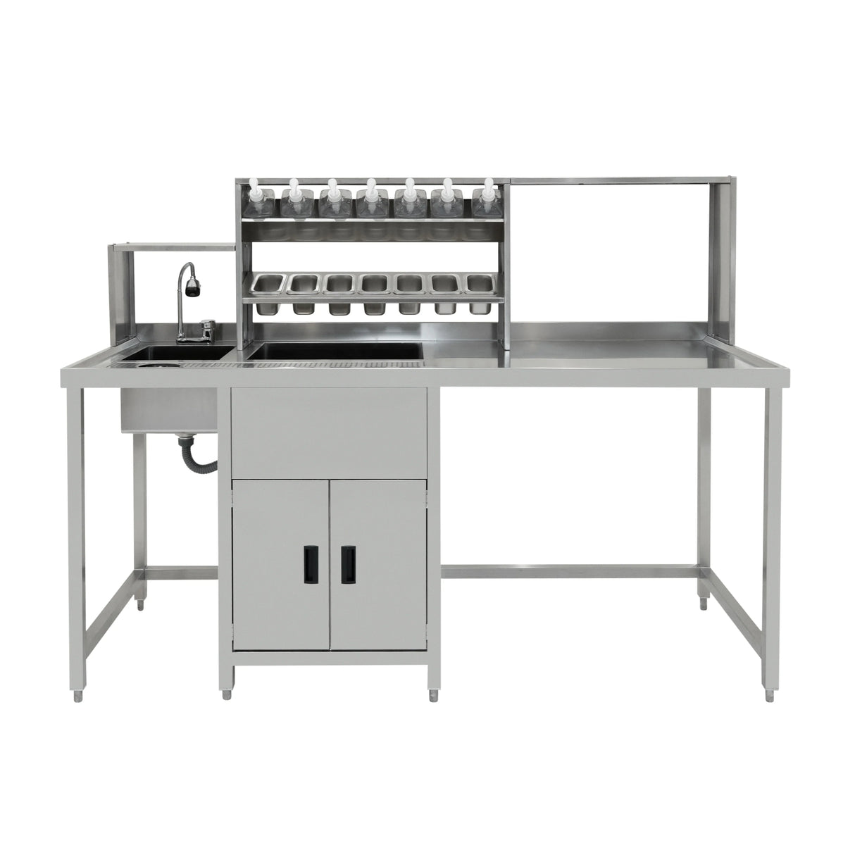 Stainless steel bubble tea workstation with sink, storage cabinets, and multiple cup holders, designed for efficient beverage preparation