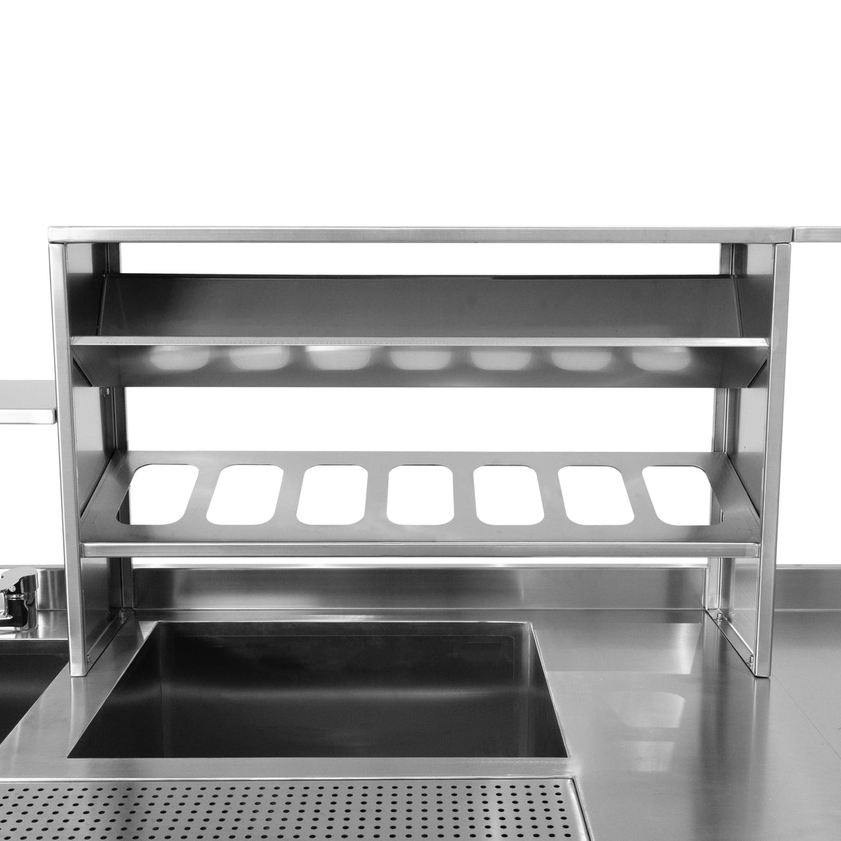Stainless steel bubble tea workstation with two shelves, a sink, and a perforated tray for easy access and organization