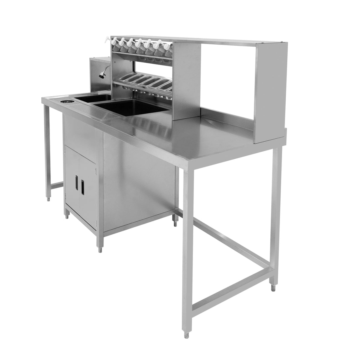 Stainless steel bubble tea workstation featuring a sink, storage compartments, and multiple ingredient containers for efficient preparation