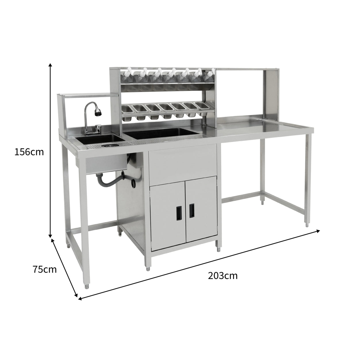 Stainless steel bubble tea workstation with sink, storage cabinets, and multiple cup holders, measuring 203cm x 156cm x 75cm