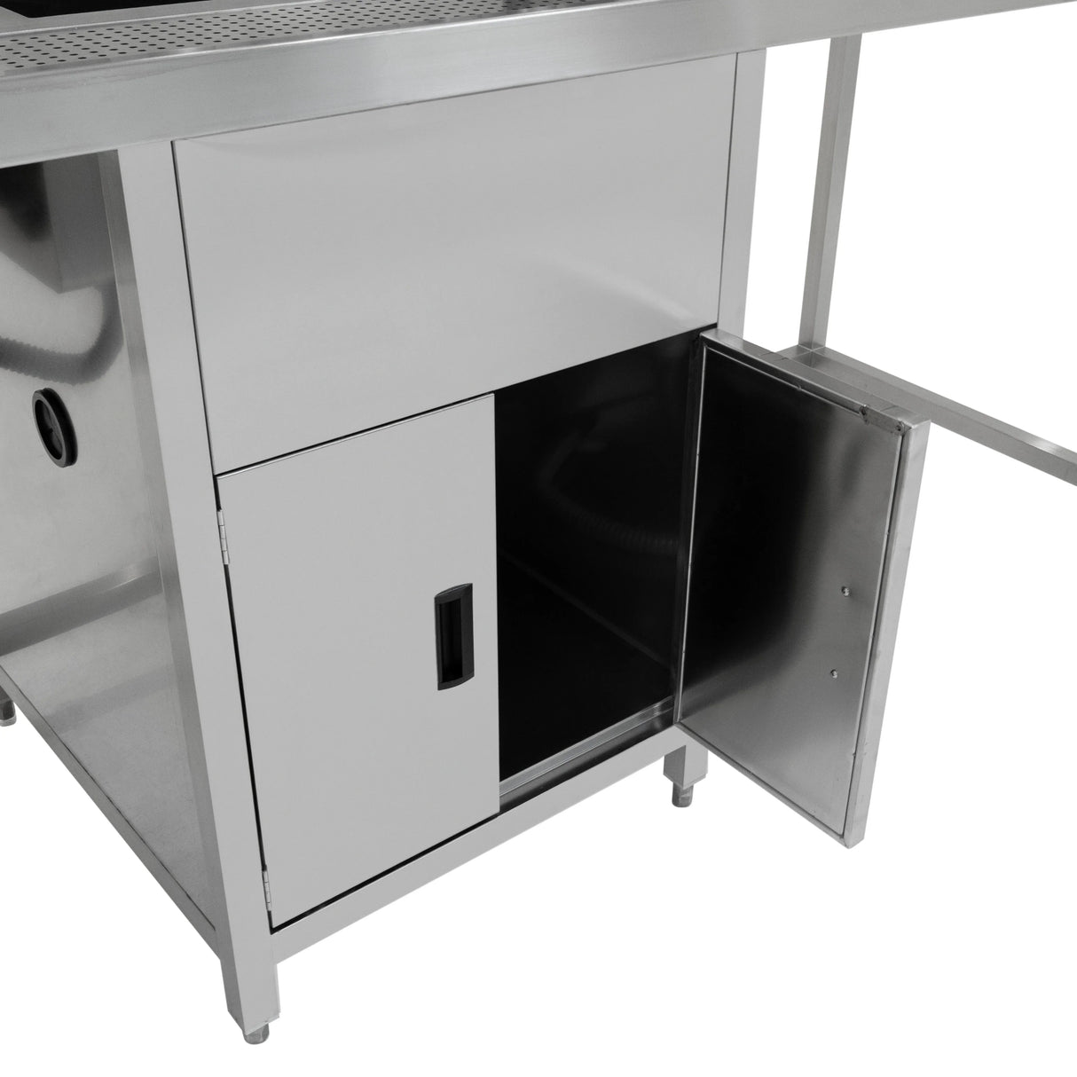 Stainless steel bubble tea workstation with a sleek design, featuring a cabinet for storage and a smooth countertop surface