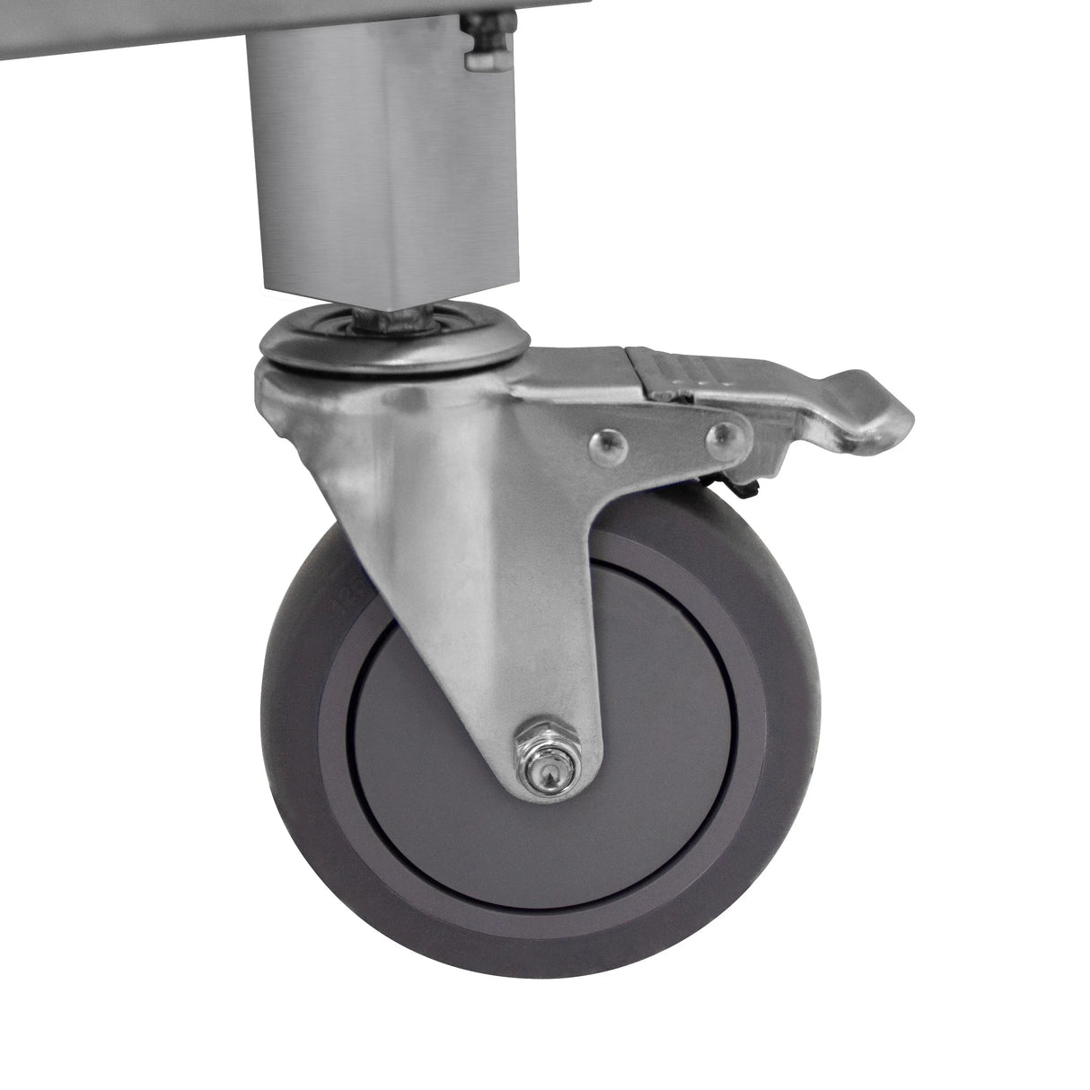 Durable gray rubber wheel of a mobile cocktail bar station, featuring a sturdy metal swivel and brake for easy maneuverability