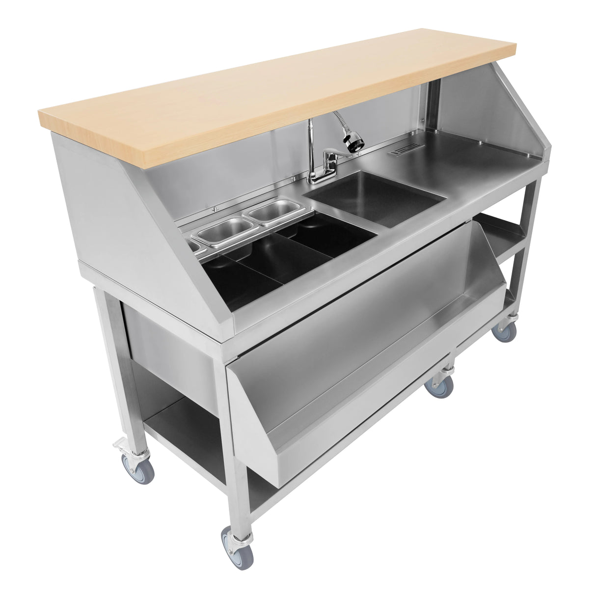 Mobile cocktail bar station with a sleek stainless steel frame, wooden countertop, and spacious storage for mixing supplies on wheels