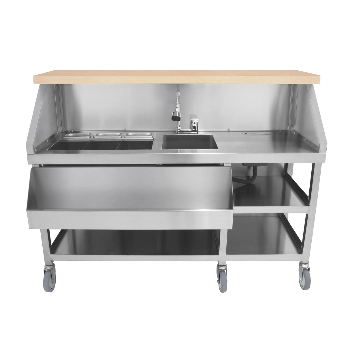 Mobile cocktail bar station with a stainless steel frame, wooden countertop, sink, and storage shelves on wheels for easy mobility