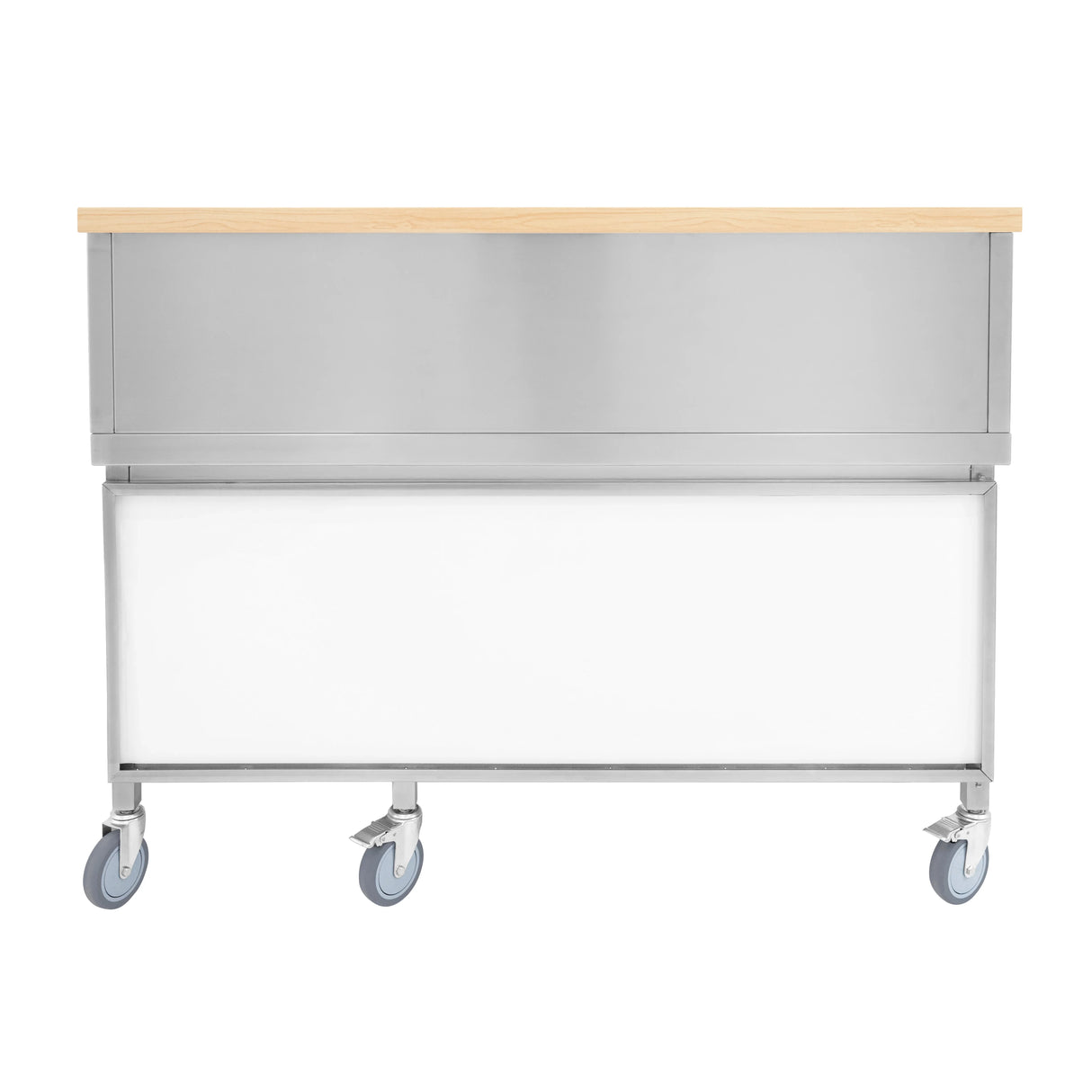 Mobile cocktail bar station with a sleek stainless steel body, natural wood top, and smooth-rolling wheels for easy mobility