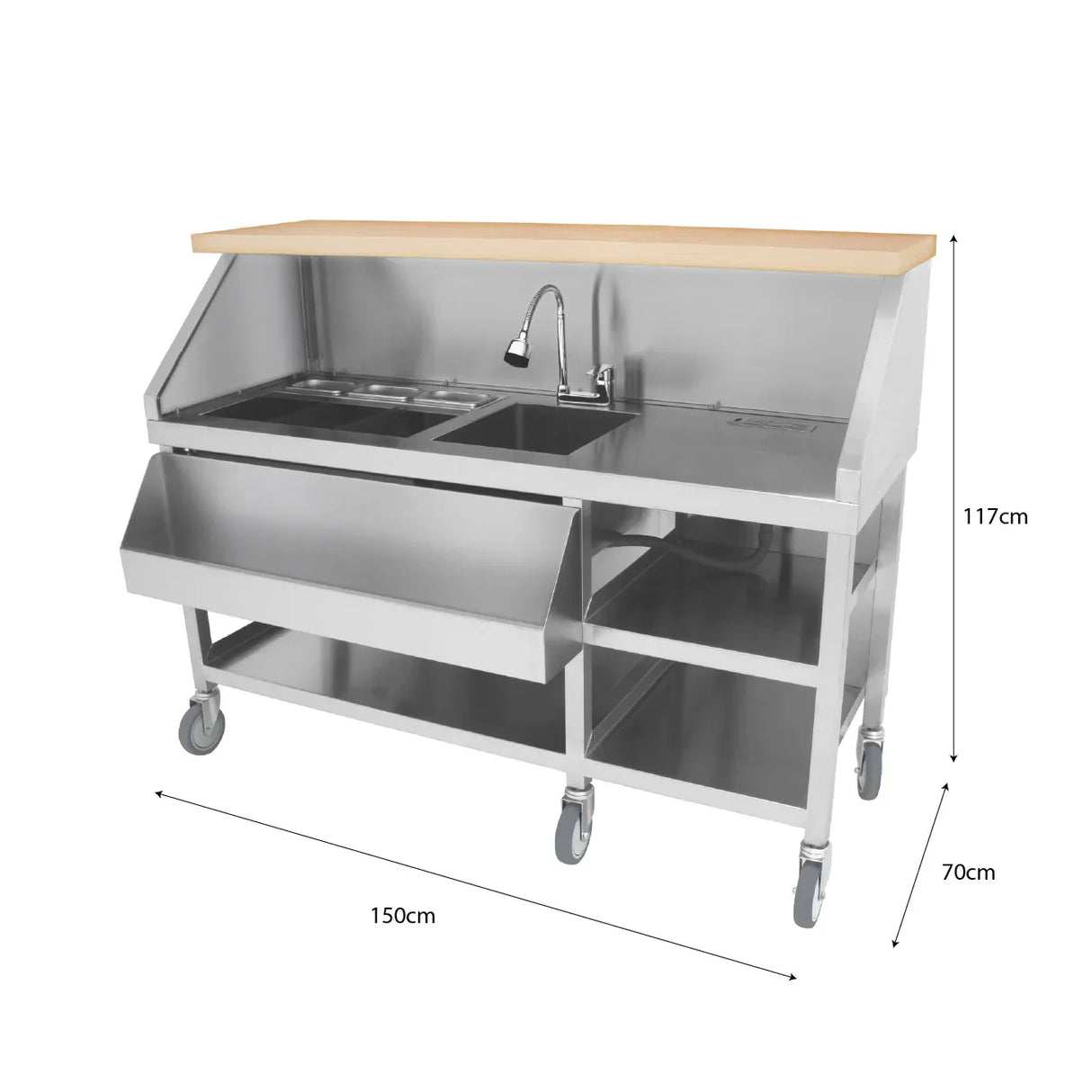 Mobile cocktail bar station with stainless steel body, wooden countertop, sink, storage drawer, and wheels for easy mobility