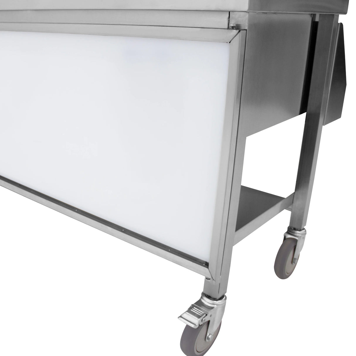 Mobile cocktail bar station with a sleek stainless steel frame, white acrylic front, and sturdy wheels for easy mobility