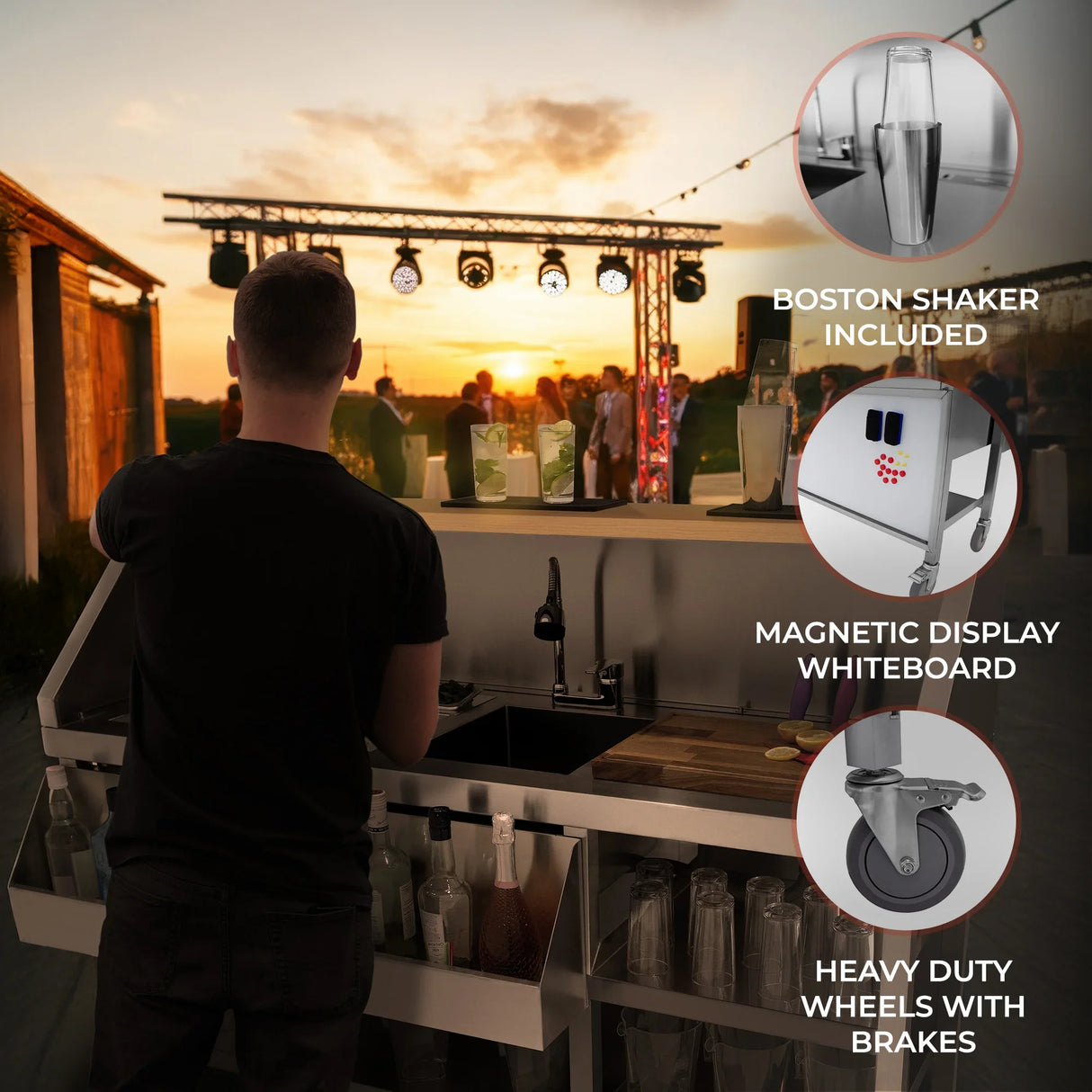 Mobile cocktail bar station with a sleek design, featuring a Boston shaker, magnetic whiteboard, and heavy-duty wheels for easy mobility