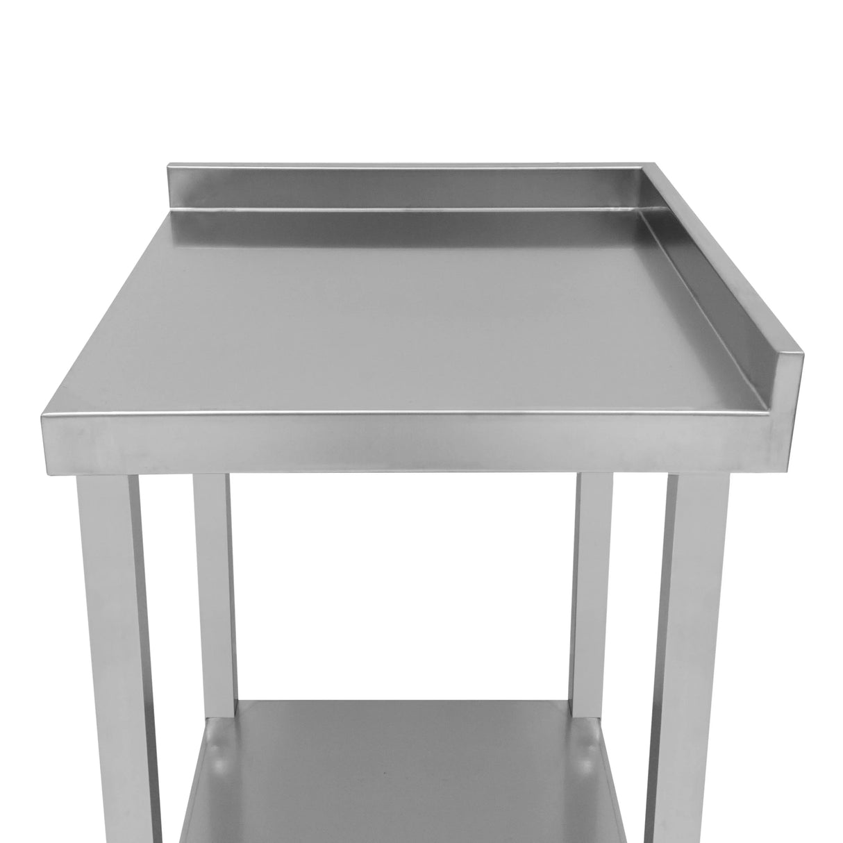 Sleek stainless steel modular cocktail bar corner unit with a raised edge, featuring a smooth surface and sturdy frame for durability