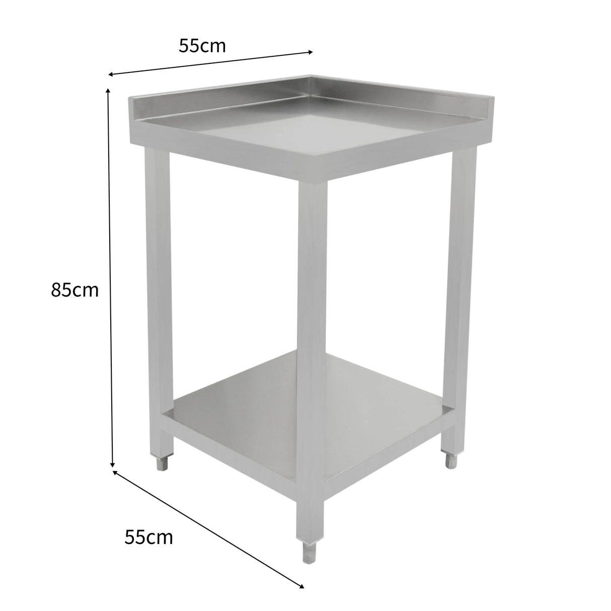 Modular cocktail bar corner unit in sleek stainless steel, featuring a square top, lower shelf, and sturdy legs for stability