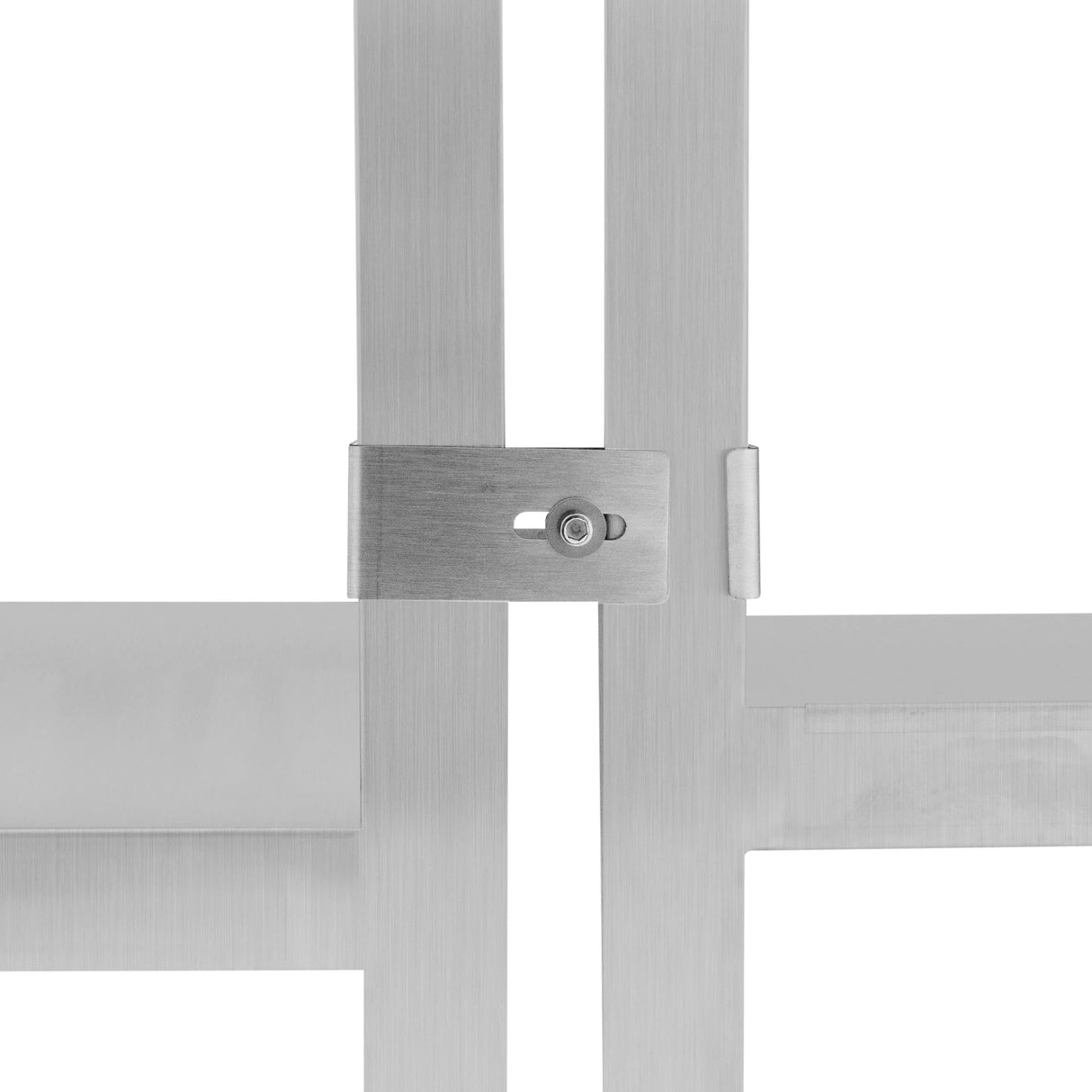 Close-up of the stainless steel frame of a modular cocktail bar corner unit, showcasing sleek lines and a modern design