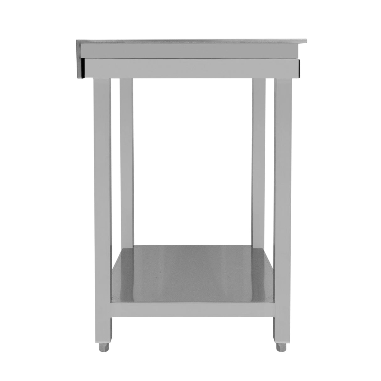 Sleek modular cocktail bar corner unit in stainless steel, featuring a smooth top surface and open lower shelf for storage