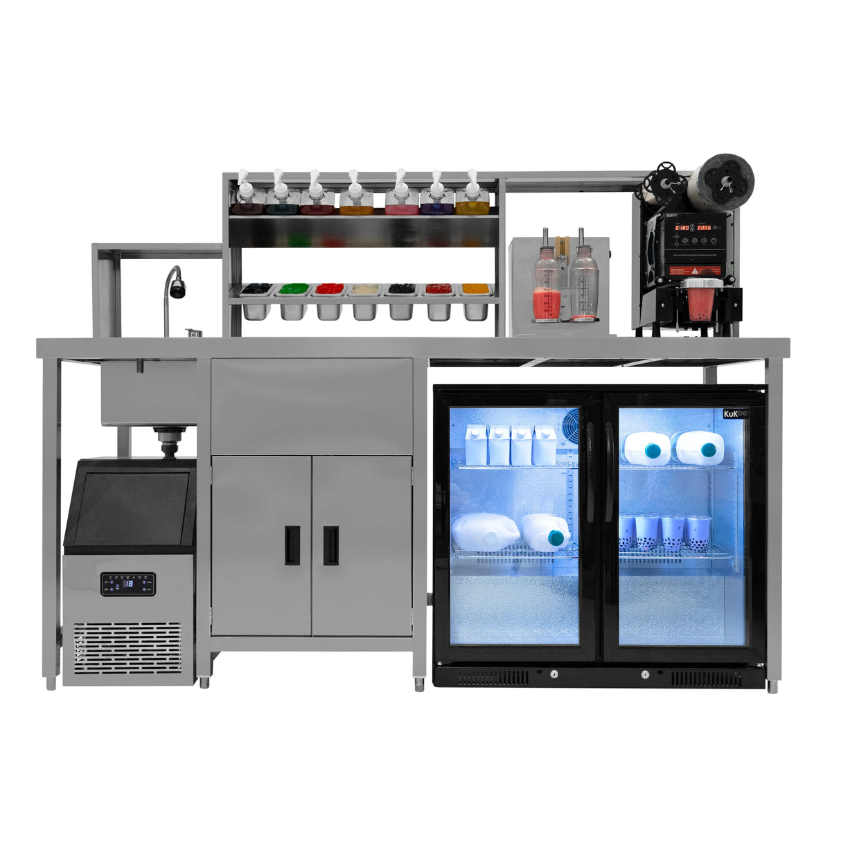 Complete bubble tea workstation with a sleek gray design, featuring ingredient shelves, ice maker, and dual glass door fridge for optimal organization