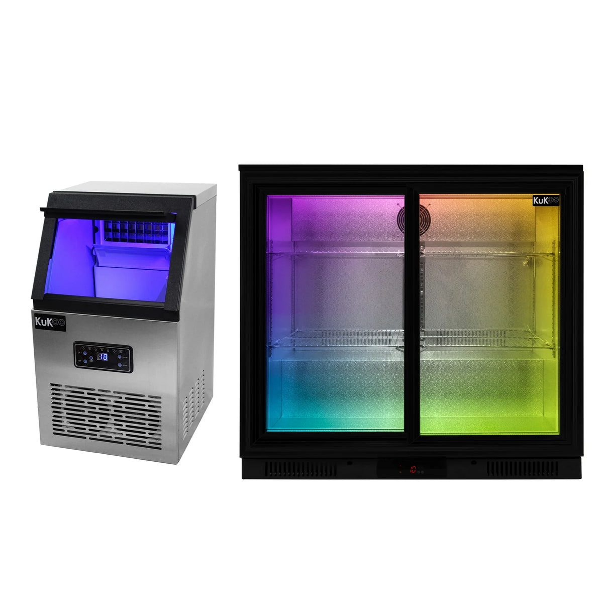 Complete Bubble Tea Workstation includes a silver ice maker with LED lights and a black glass-front refrigerator with colorful interior lighting