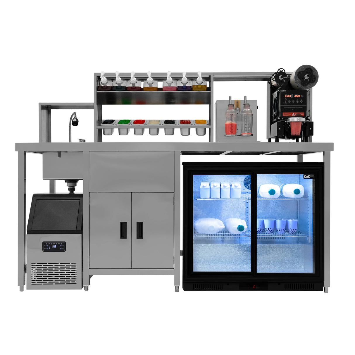 Bubble Tea Workstation Ultimate Package with stainless steel finish, colorful ingredient containers, ice maker, and refrigerated display