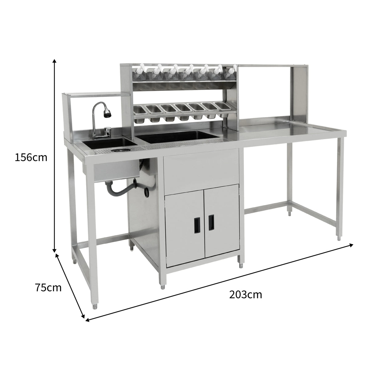Stainless steel bubble tea workstation with multiple ingredient containers, sink, and spacious counter, measuring 203cm by 75cm by 156cm