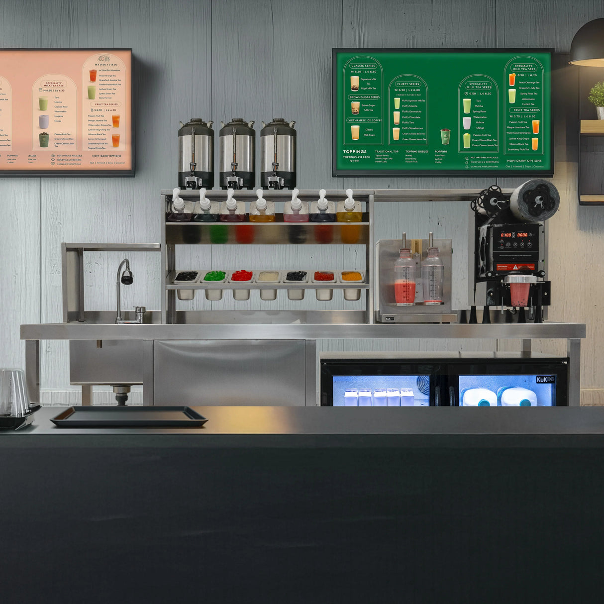 Complete Bubble Tea Workstation with stainless steel counter, colorful ingredient dispensers, and digital menu displays