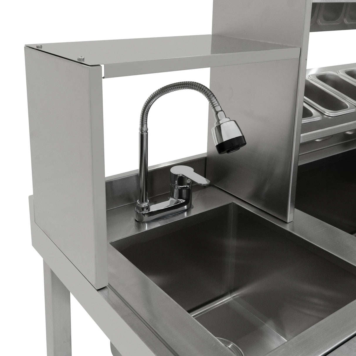 Stainless steel bubble tea workstation with a sleek sink, chrome faucet, and spacious countertop for efficient beverage preparation