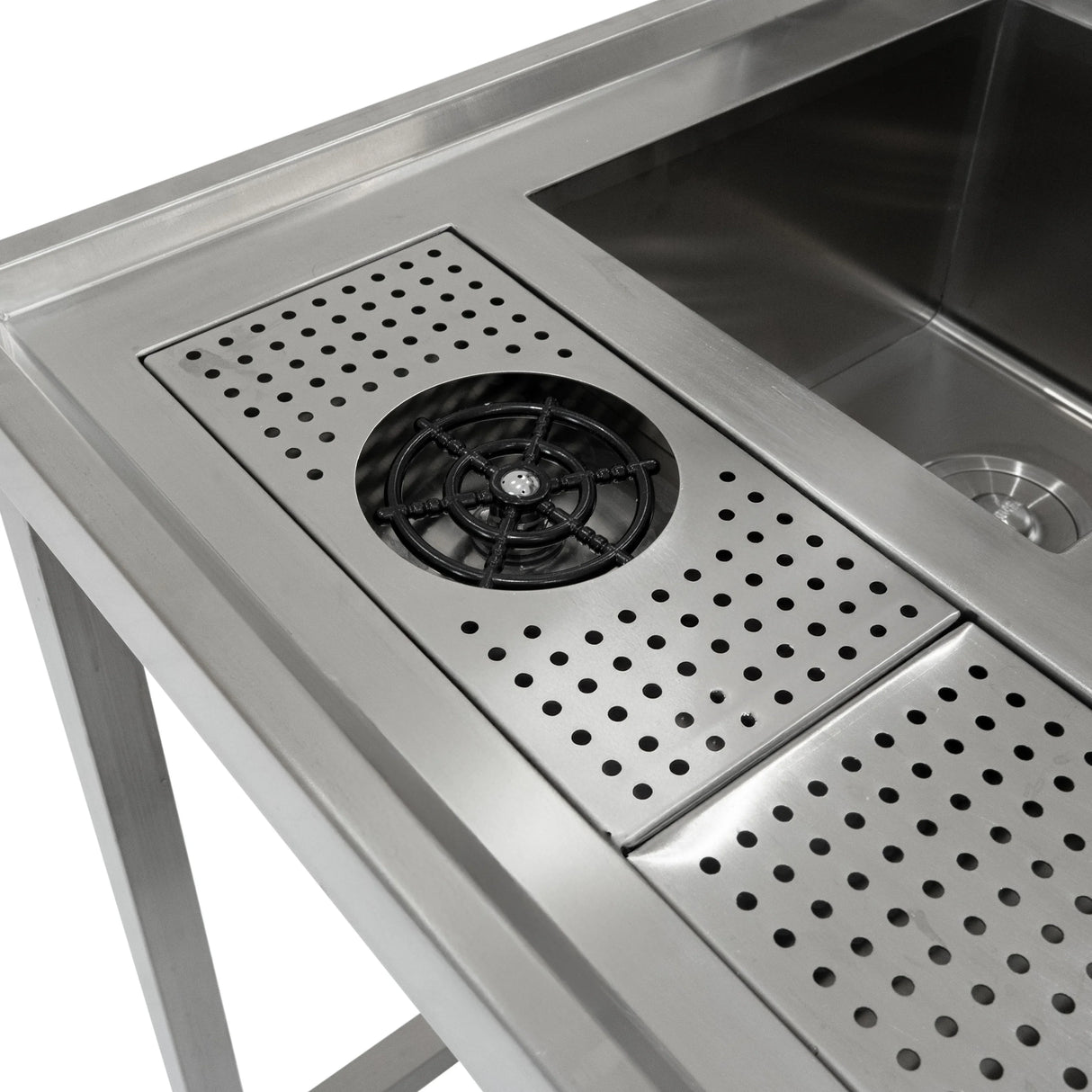 Stainless steel bubble tea workstation with a perforated drain tray and circular drain cover, designed for efficient beverage preparation