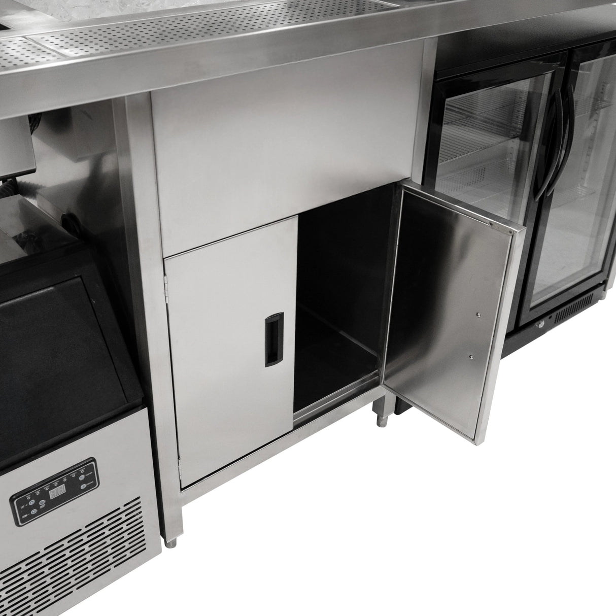 Stainless steel bubble tea workstation with an open cabinet, ice machine, and glass door refrigerator for efficient beverage preparation