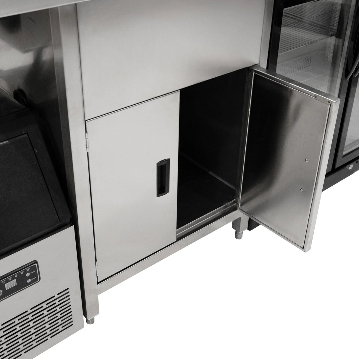 Stainless steel bubble tea workstation with an open storage cabinet, showcasing sleek design and durable construction for efficient use