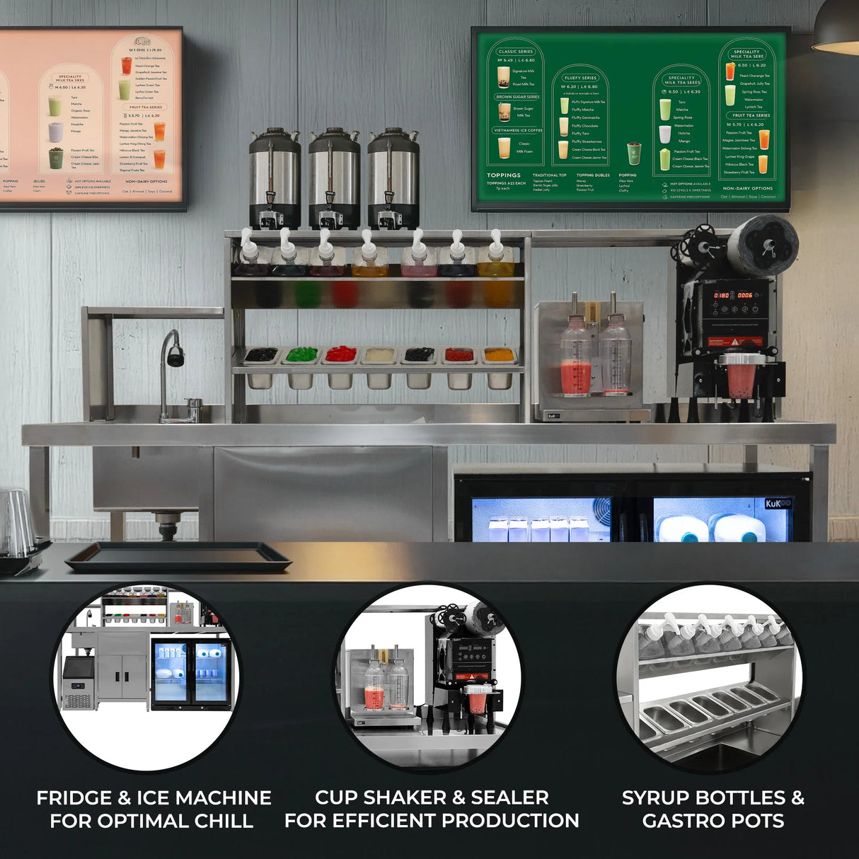 Bubble Tea Workstation Ultimate Package featuring a sleek stainless steel setup with syrup dispensers, ice machine, and shaker for efficient drink preparation