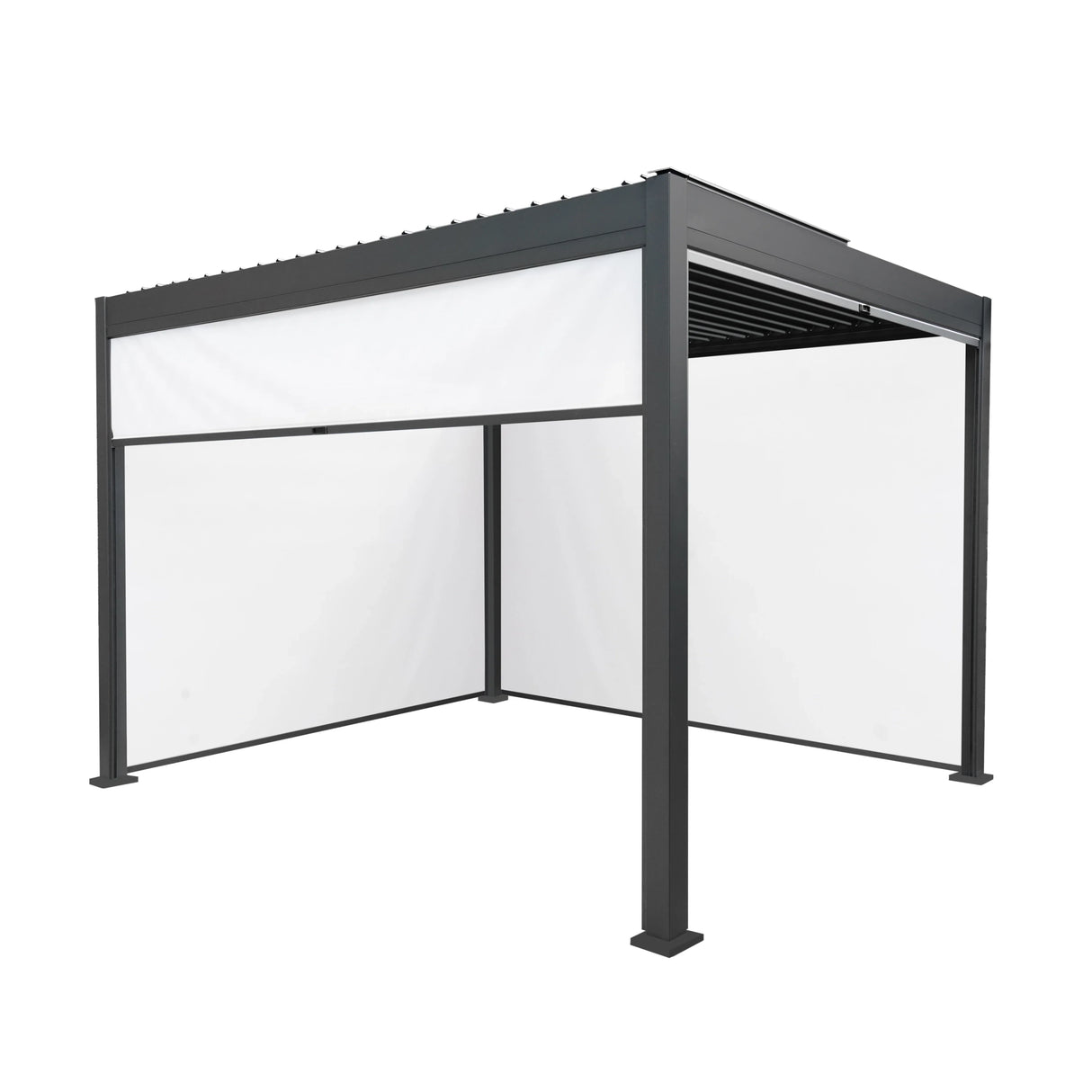 Anthracite aluminium pergola with white blinds, 3m x 3m, featuring a sleek design and sturdy construction for outdoor relaxation