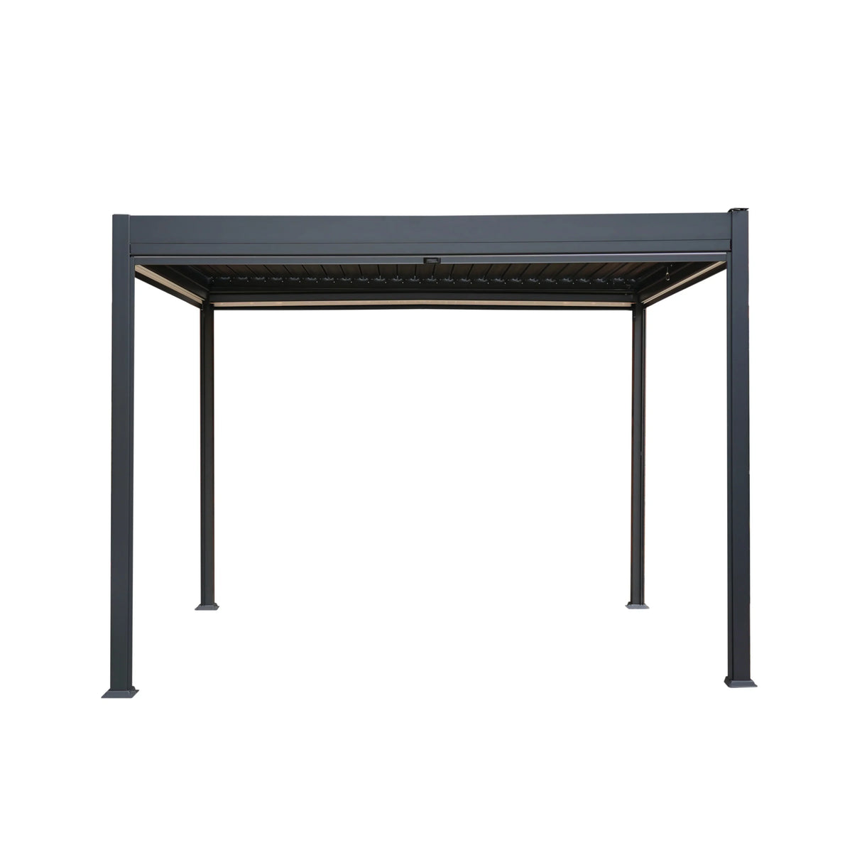 Anthracite aluminum pergola with a sleek design, featuring a sturdy frame and white blinds, measuring 3m x 3m for outdoor spaces