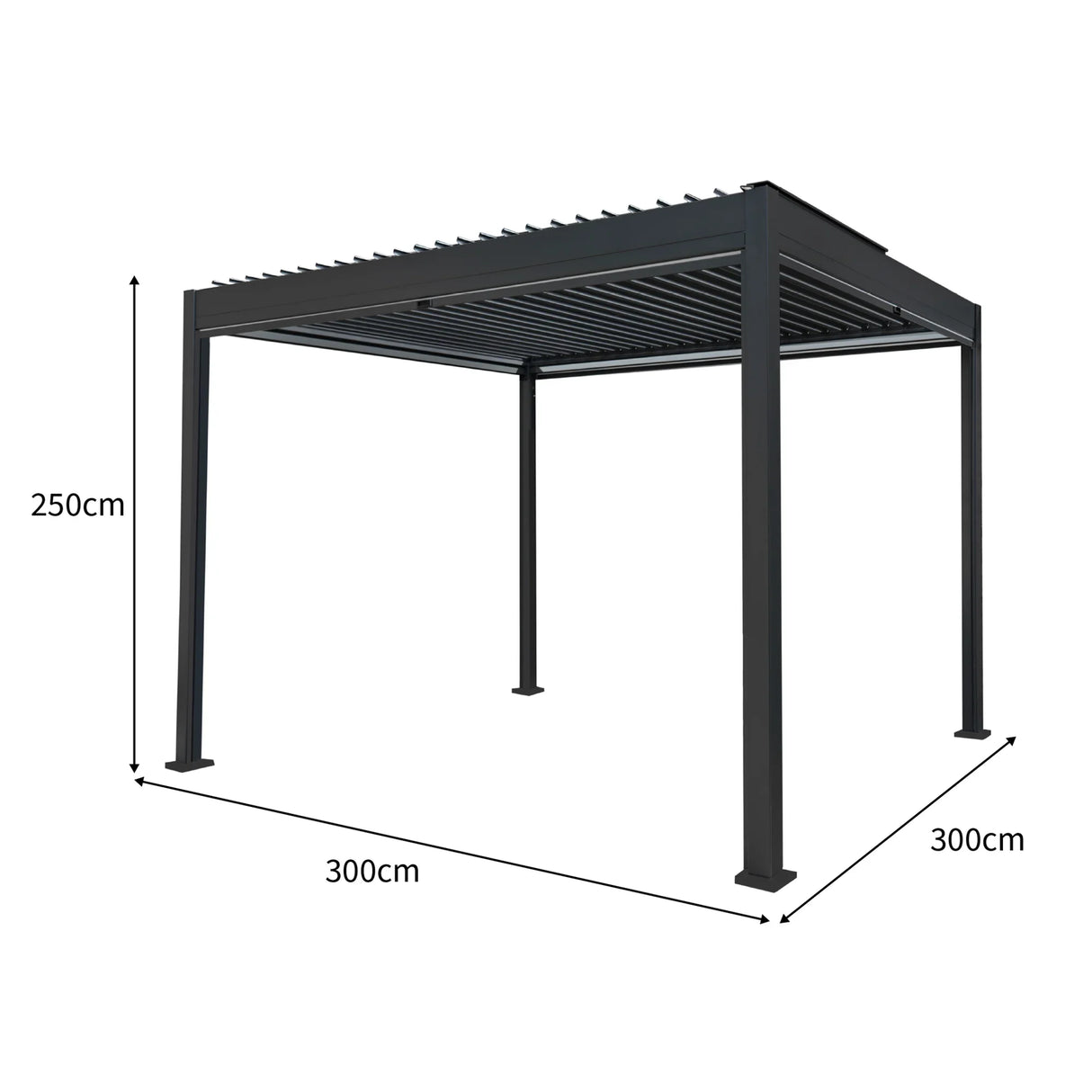 Anthracite aluminium pergola measuring 3m x 3m with a sleek design, featuring adjustable white blinds for shade and style