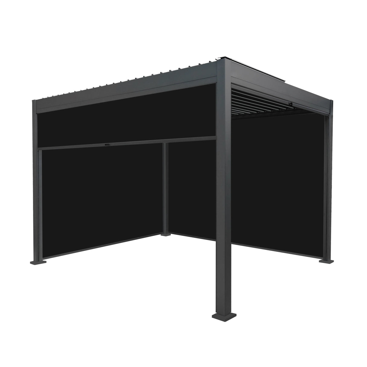 Aluminium pergola in anthracite with sleek blinds, measuring 3m x 3m, featuring a modern design and sturdy construction