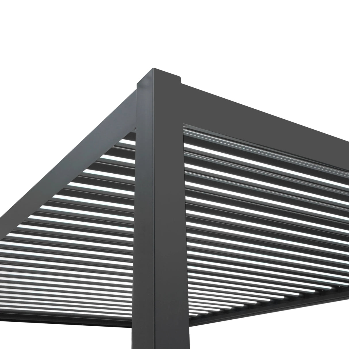 Aluminium pergola with anthracite blinds, featuring a sleek, modern design and horizontal slats for adjustable shade, 3m x 3m