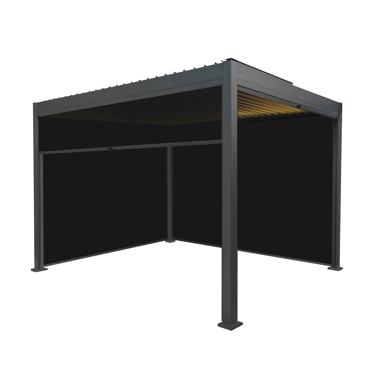 Aluminium pergola in anthracite with sleek blinds and integrated LED lights, measuring 3m x 3m, perfect for outdoor spaces