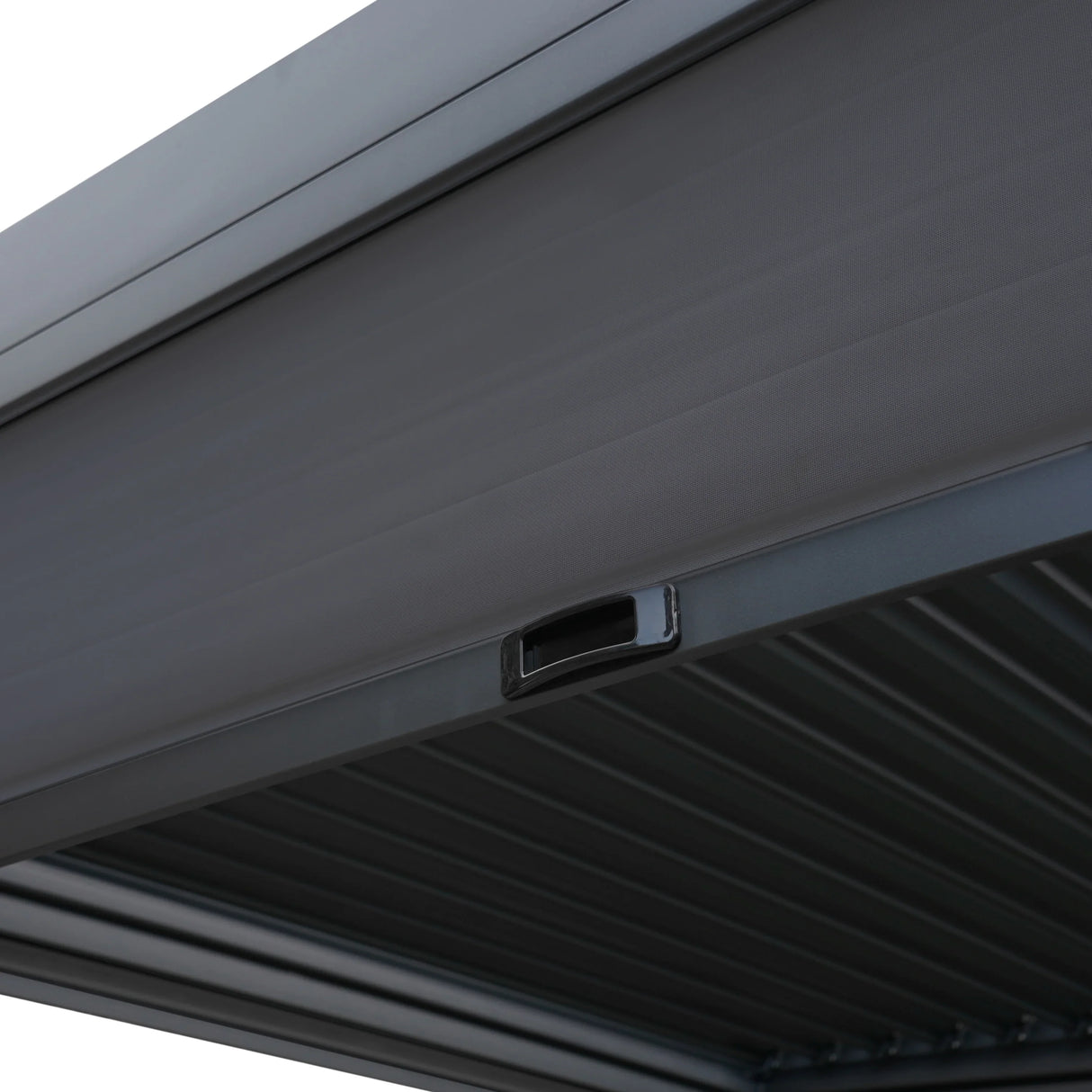 Aluminium pergola featuring sleek anthracite blinds and integrated LED lights, showcasing a modern design with a durable finish