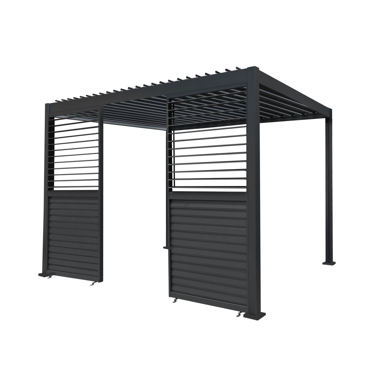 Anthracite aluminum pergola measuring 3m x 3m with two shutter panels, featuring a sleek modern design and durable finish