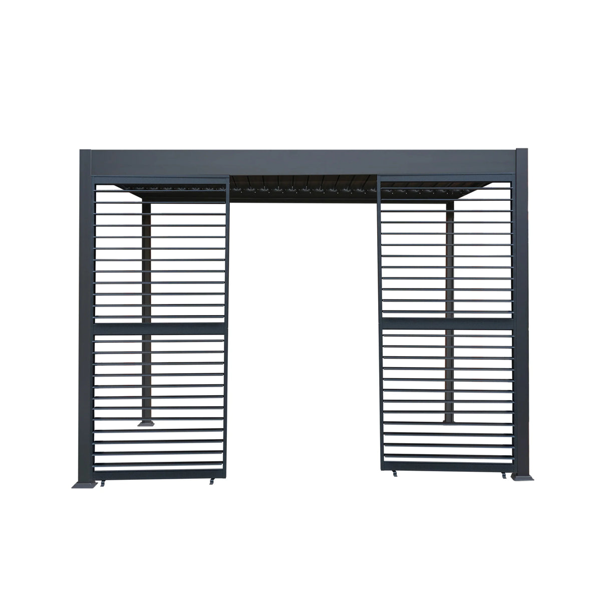 Anthracite aluminum pergola with two shutter panels, featuring a modern design and sleek lines, perfect for outdoor spaces