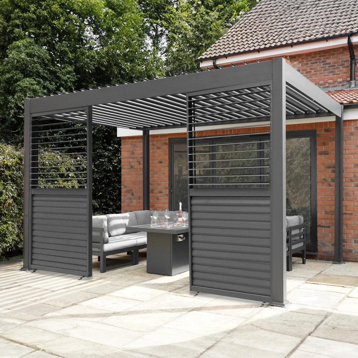 Anthracite aluminium pergola with two shutter panels, 3m x 3m, featuring a modern design and sleek finish, ideal for outdoor spaces