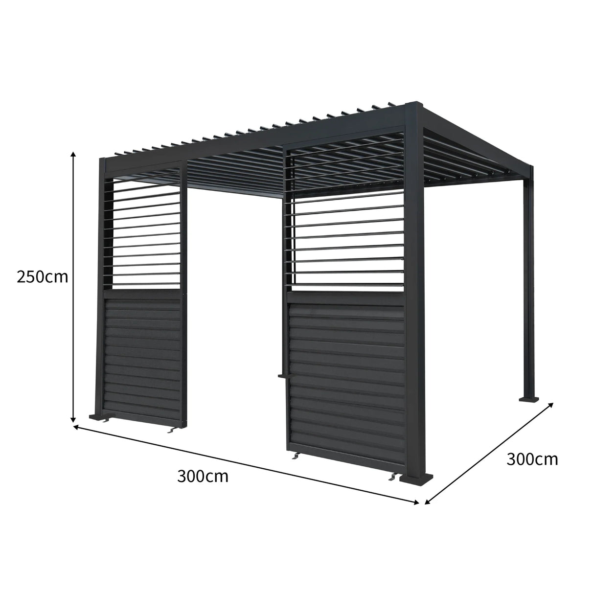 Anthracite aluminium pergola featuring LED lights, two shutter panels, and a modern design, measuring 3m x 3m with a sleek finish