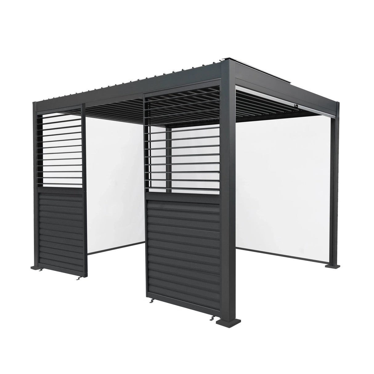 Anthracite aluminium pergola with white blinds and two shutter panels, featuring a modern design and sturdy construction, 3m x 3m