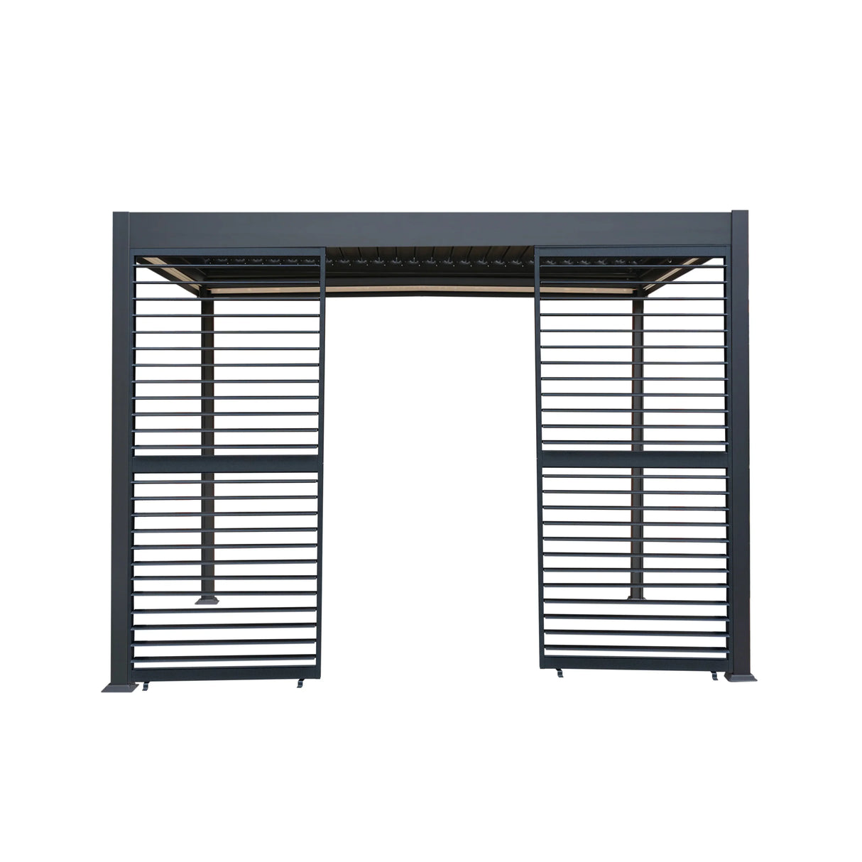 Anthracite aluminium pergola with white blinds and two shutter panels, featuring a sleek, modern design and durable construction