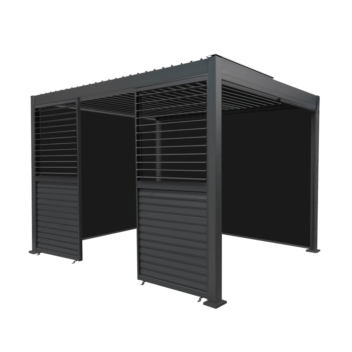 Aluminium pergola in anthracite with blinds and two shutter panels, measuring 3m x 3m, featuring a sleek, modern design