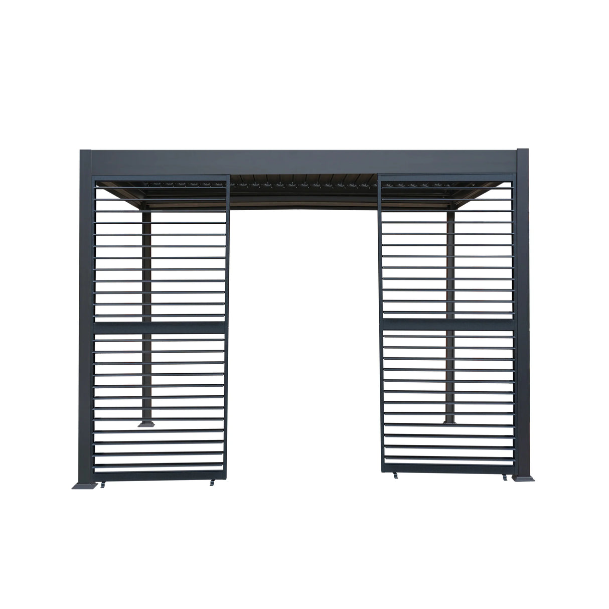 Aluminium pergola in anthracite with adjustable blinds and two shutter panels, featuring a modern design and sturdy construction