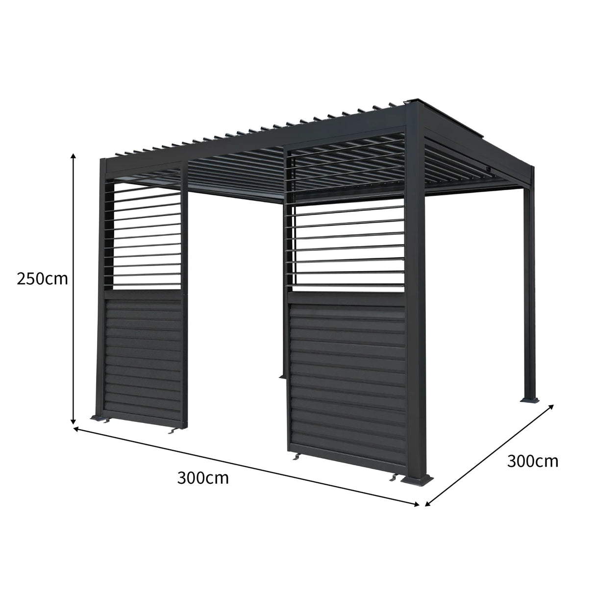 Aluminium pergola with anthracite blinds and two shutter panels, measuring 3m x 3m, featuring a sleek modern design and sturdy construction