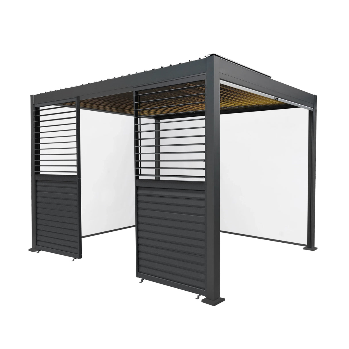 Anthracite aluminum pergola with white blinds, featuring two side panels and integrated LED lights, measuring 3m x 3m