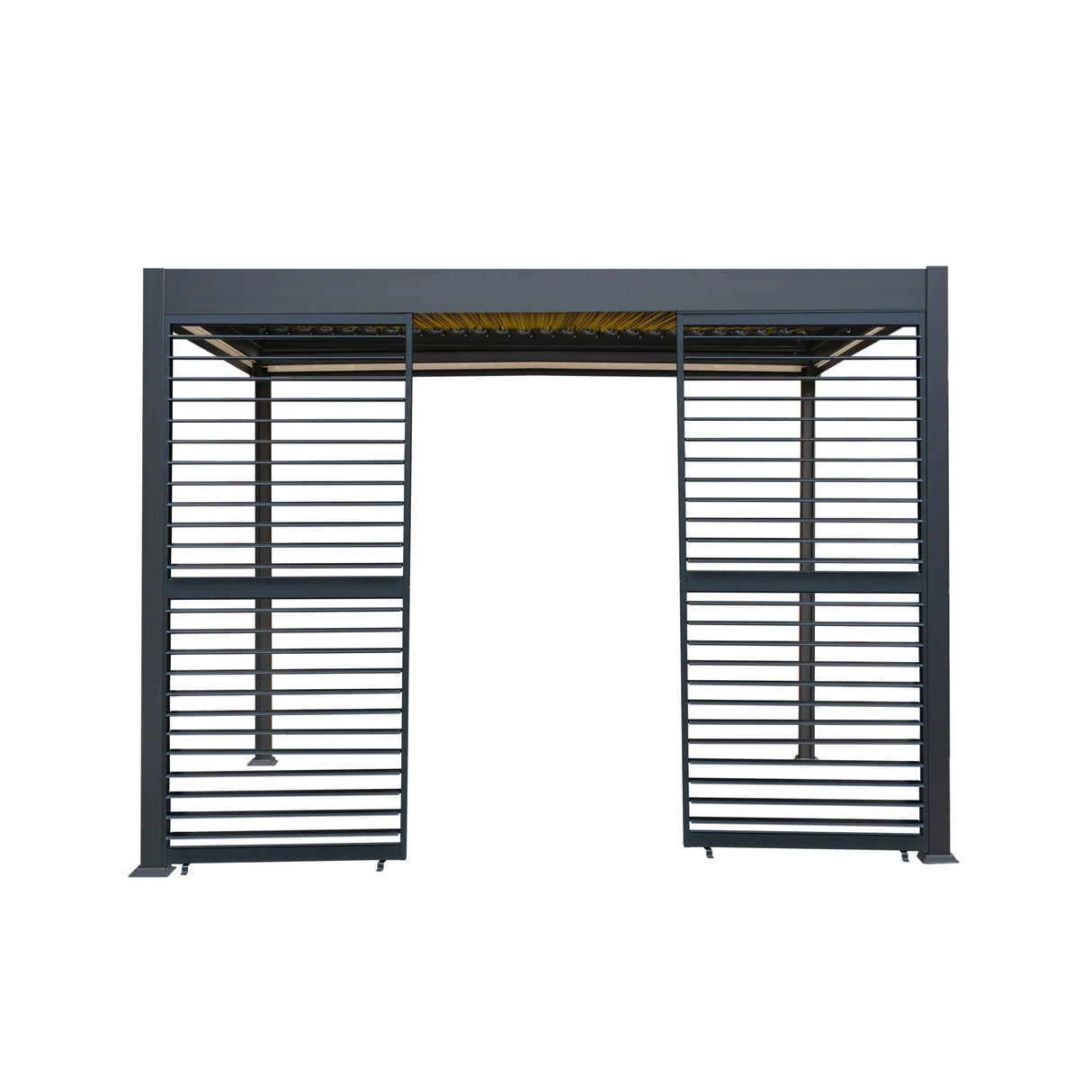 Anthracite aluminum pergola with white blinds, two side panels, and integrated LED lights, showcasing a modern, sleek design
