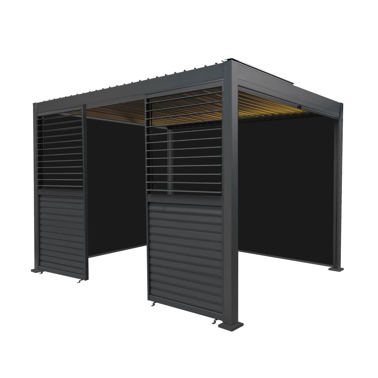 Aluminium pergola with anthracite blinds, two side panels, and integrated LED lights, measuring 3m x 3m, showcasing a sleek design