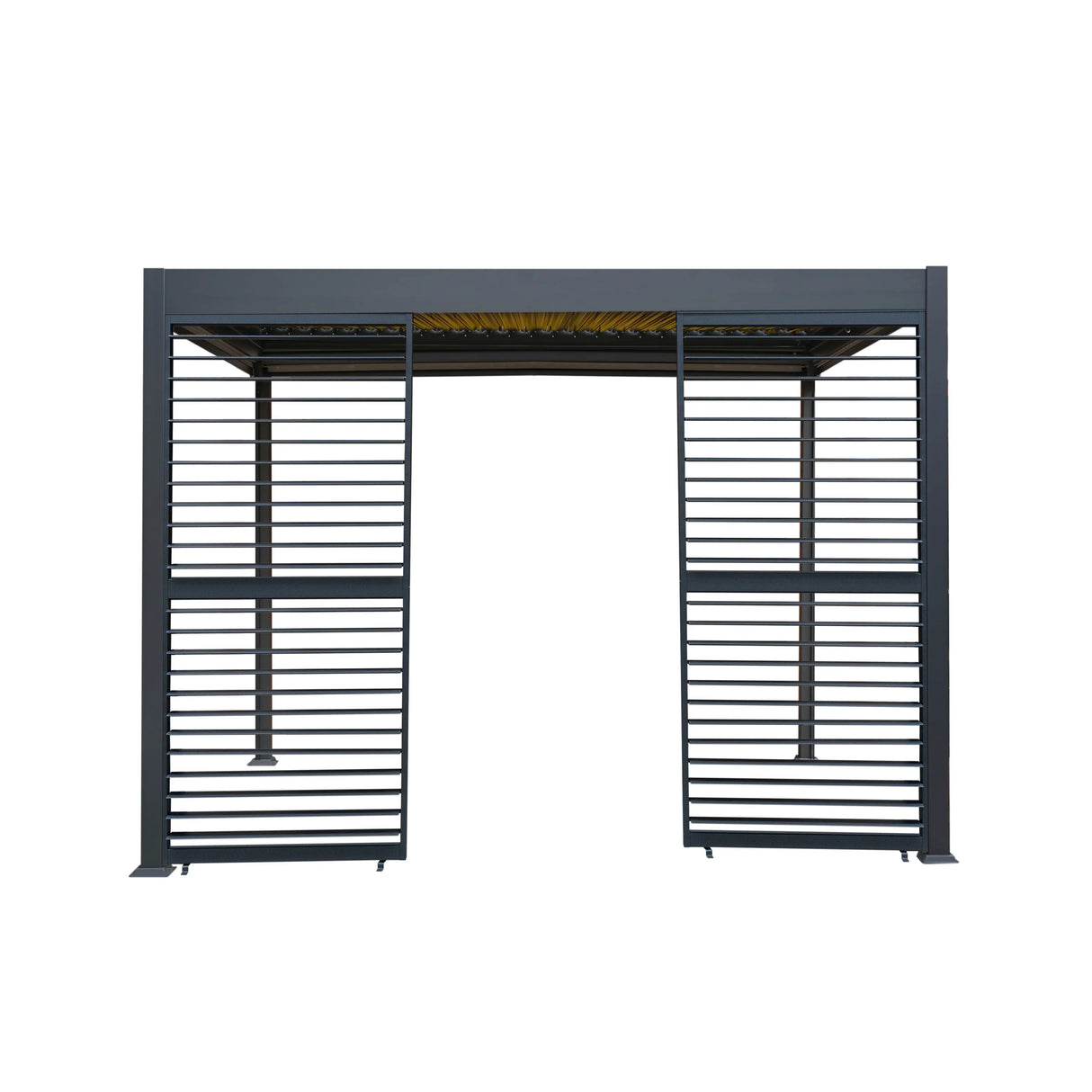 Aluminium pergola with anthracite blinds, featuring two side panels and integrated LED lights, showcasing a modern design in a 3m x 3m size